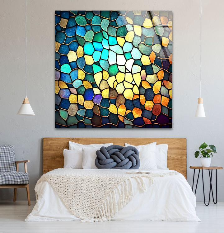 Moderne Wanddekoration aus Buntglas – Abstraktes Mosaikmuster in Blau und Gold