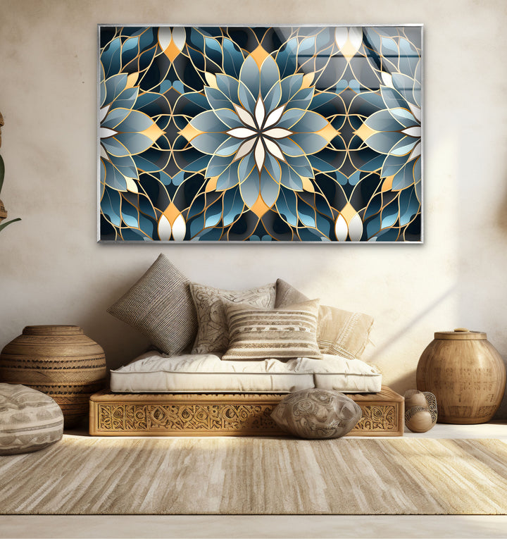 Elegant Lotus Mandala Glass Wall Art – Blue Gold Sacred Geometry Pattern