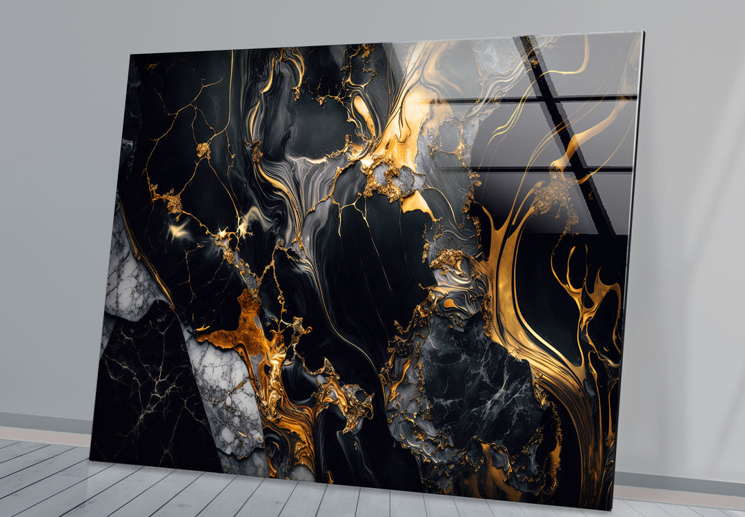 Black Marble Gold Flow Wall Art – Luxury Abstract Glass Print for Modern Interiors