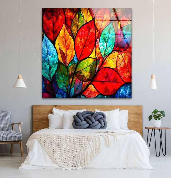 Vibrant Stained Glass Leaf Wall Art – Colorful Botanical Glass Decor - MyPhotoStation
