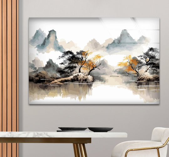 Foreground marble dining table displaying two ceramic dishes complements the serene mountain lake glass print wall art featuring an Asian landscape ink style, acting as beautiful print wall art.