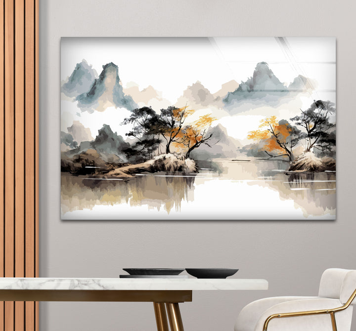 Serene Mountain Lake Wall Art – Asian Landscape Ink Style Glass Print