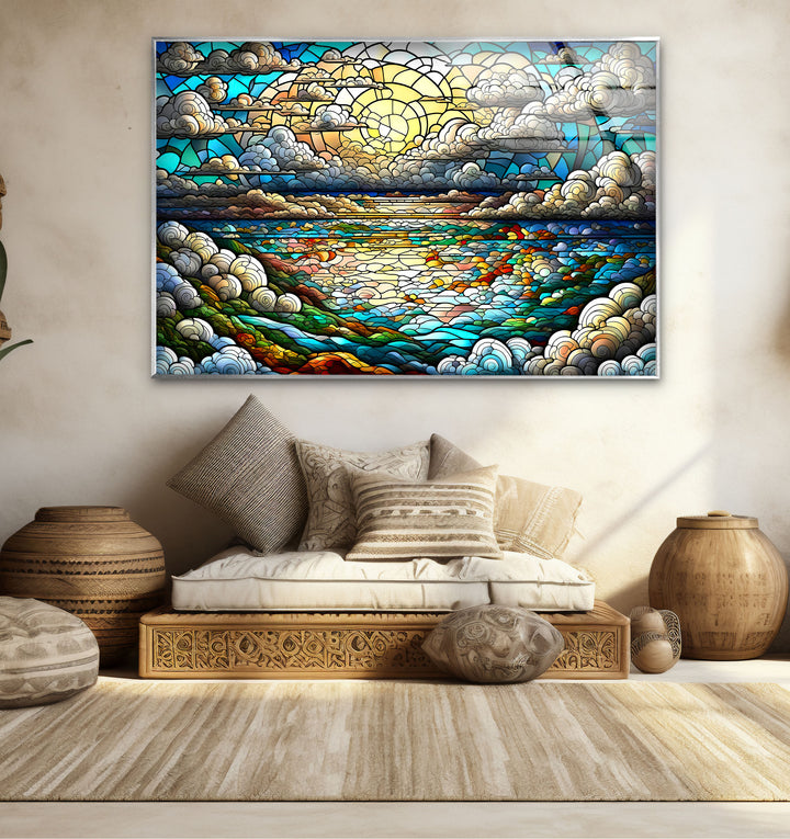 Serene Ocean Sunset Stained Glass Wall Art – Coastal Landscape Window Design
