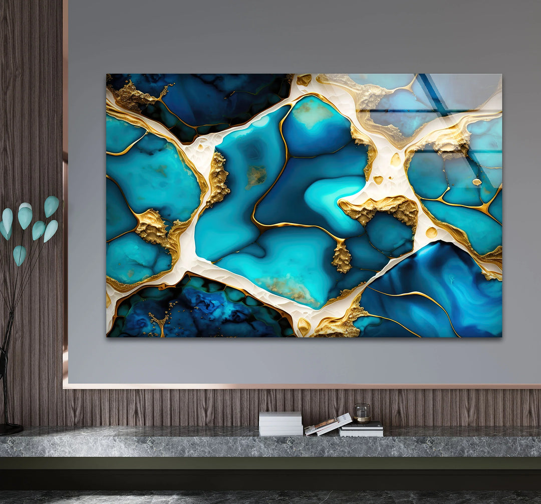 Turquoise Gold Abstract Wall Art – Luxurious Glass Print for Modern Interiors - MyPhotoStation