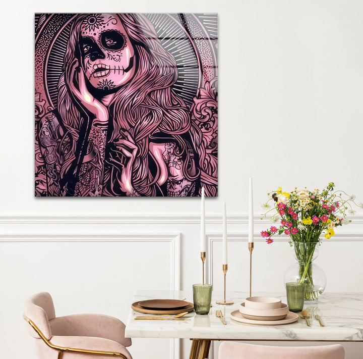 Day of the Dead Gothic Wall Art – Pink Skull Girl with Guns Tattoo Design - MyPhotoStation