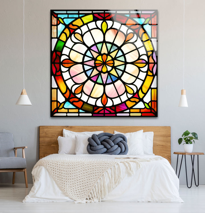 Bunte Buntglas-Wandkunst – Lebendiges Rosenfenster-Glasdesign 