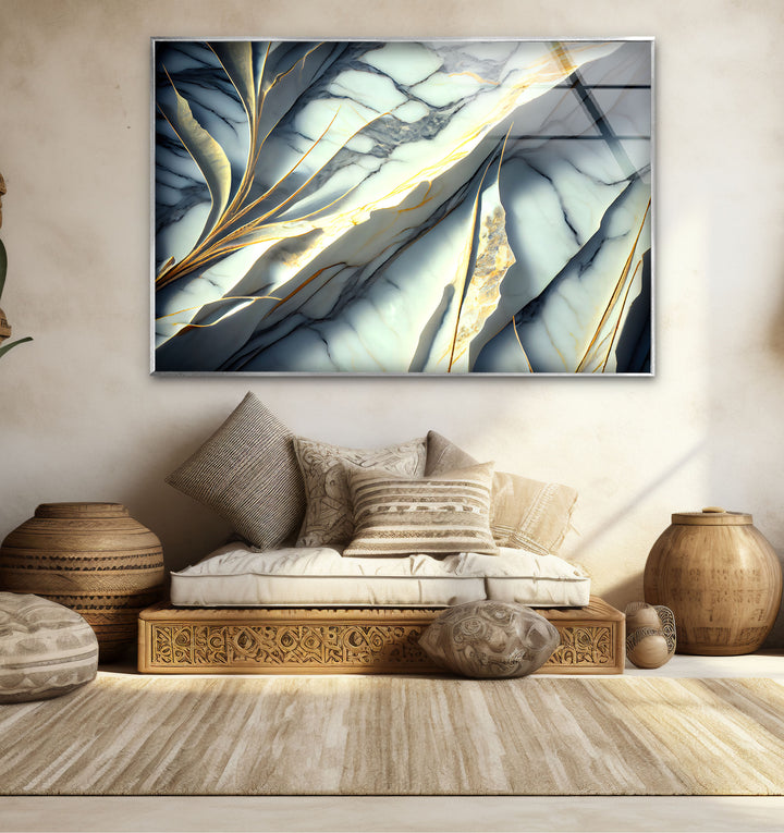 Marble Botanical Wall Art – Luxury Gold Leaf & Blue Vein Abstract Glass Print for Modern Decor