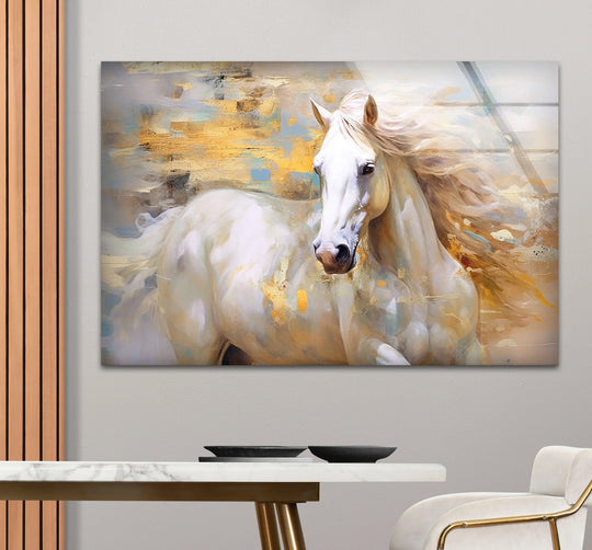 Majestic white horse wall art in abstract gold home decor, with organic forms flowing across the glass.