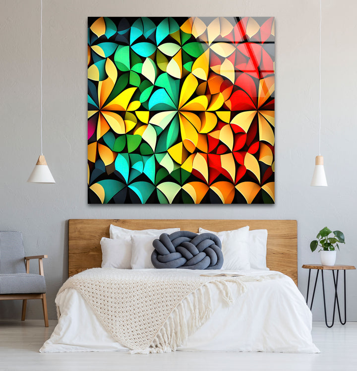 Bunte geometrische Glaswandkunst – Lebendiges abstraktes 3D-Muster