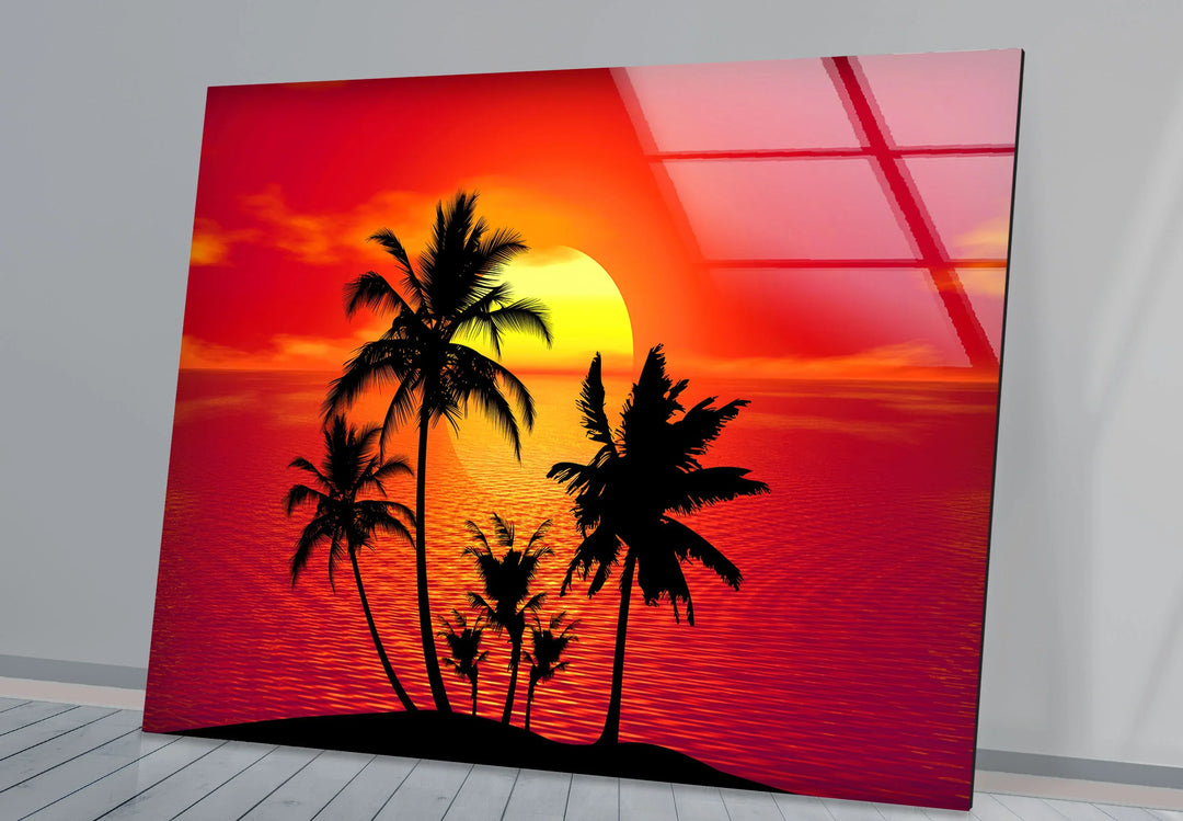 Tropical Sunset Palm Tree Wall Art – Vibrant Beach Scene on Tempered Glass - MyPhotoStation
