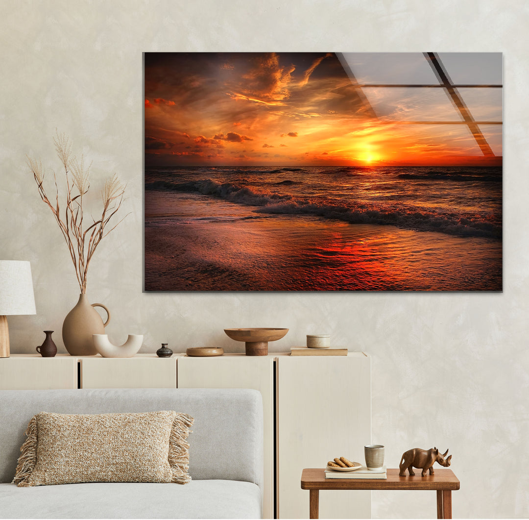 Fiery Sunset Ocean Wall Art – Bold Coastal Glass Print for Dramatic and Modern Interiors