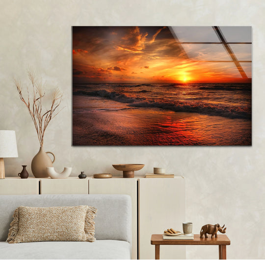 Highlighting the realistic detail, fiery dusk golden sunset over ocean art from glass showcases a breathtaking seascape with vivid color reflections.
