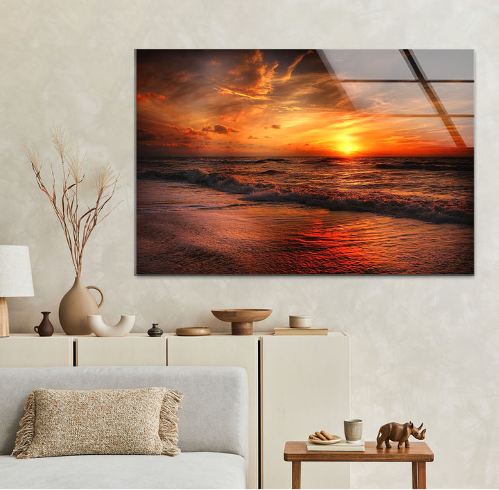 Fiery Sunset Ocean Wall Art – Bold Coastal Glass Print for Dramatic and Modern Interiors