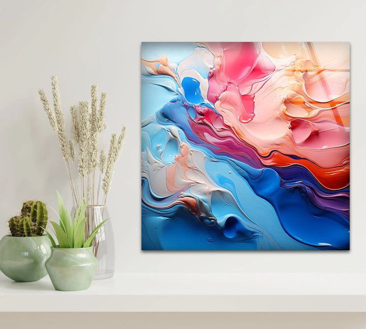 Color Flow Abstract Glass Wall Art – Vibrant Blue & Pink Modern Decor - MyPhotoStation