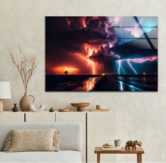 Brooding mood conveyed in a dramatic thunderstorm lightning storm wall art through glass printing, delivering an intense and electric ambiance.