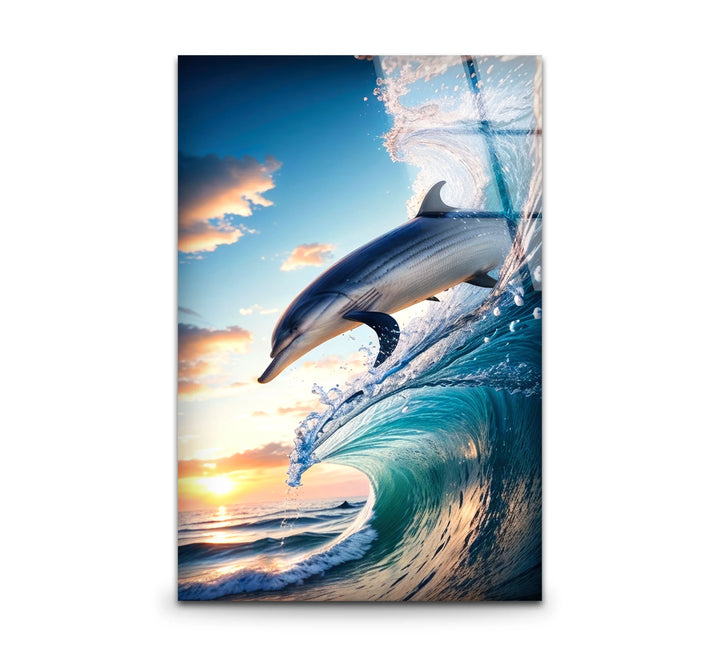 Jumping Dolphin Glass Wall Art – Ocean Wave Sunset Scene for Coastal Decor - MyPhotoStation