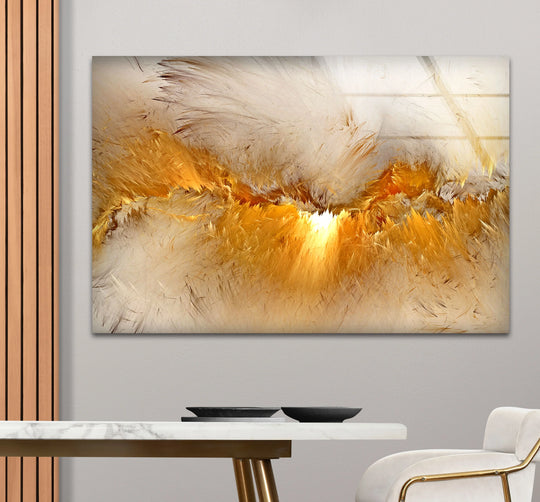The print wall art showcases a dynamic visual rhythm of golden light bursting through feathery abstract textures.