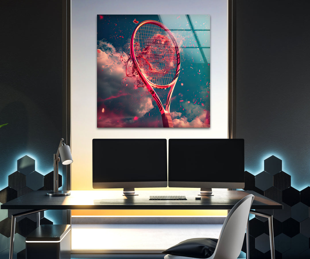 Red Tennis Racket Glass Wall Art custom glass pictures, glass art prints

