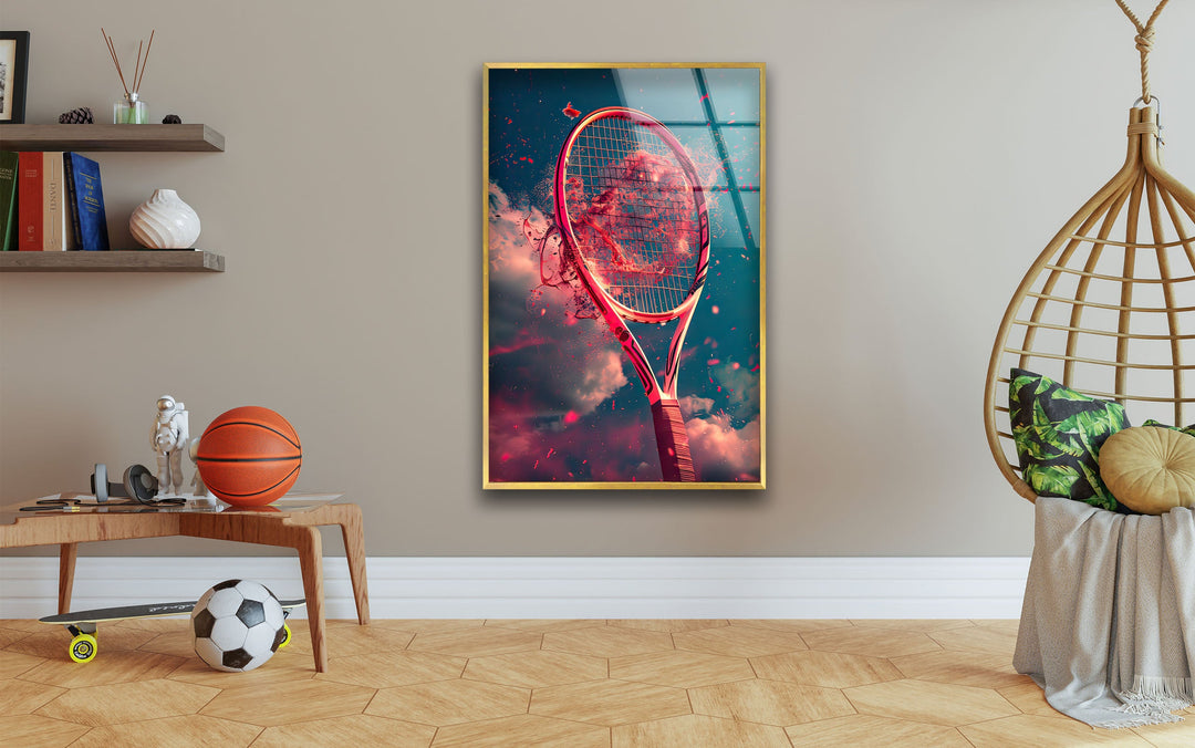 Red Tennis Racket Glass Wall Art picture on glass wall art, photos printed on glass
