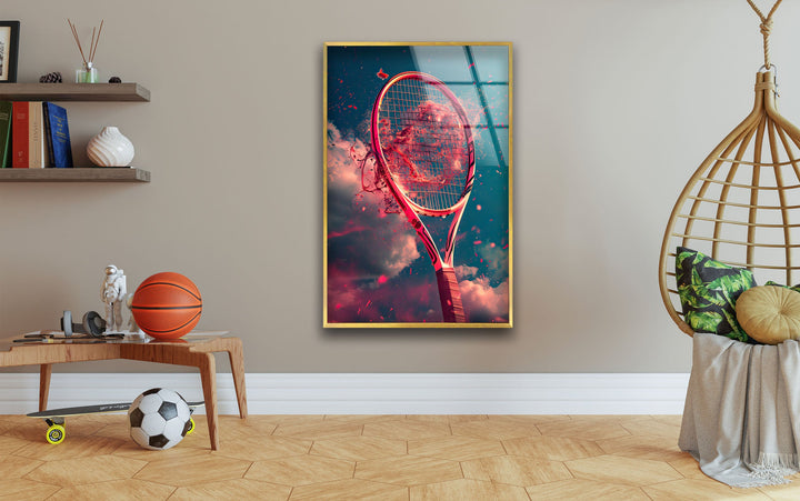 Red Tennis Racket Glass Wall Art picture on glass wall art, photos printed on glass
