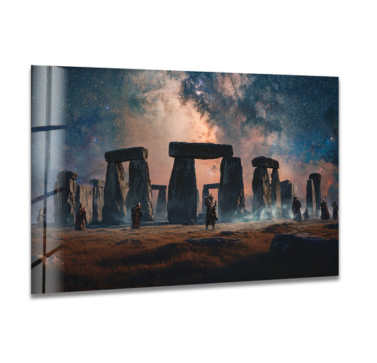 Illuminated by the vibrant night sky, the focal point of this Stonehenge under the stars glass decorative wall art creates a celestial landscape.