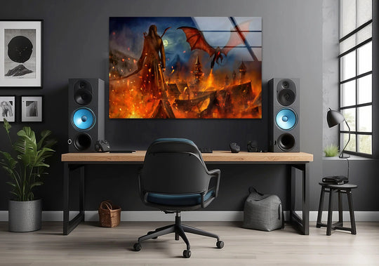 The darkest area showcases the Dragon Fire Over Burning City Night Fantasy glass art, offering dramatic depth to this stunning glass art piece.
