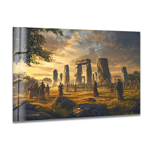 Defined by a golden sky, the negative space surrounds the monolithic Stonehenge structure and robed figures in this captivating hanging wall art.