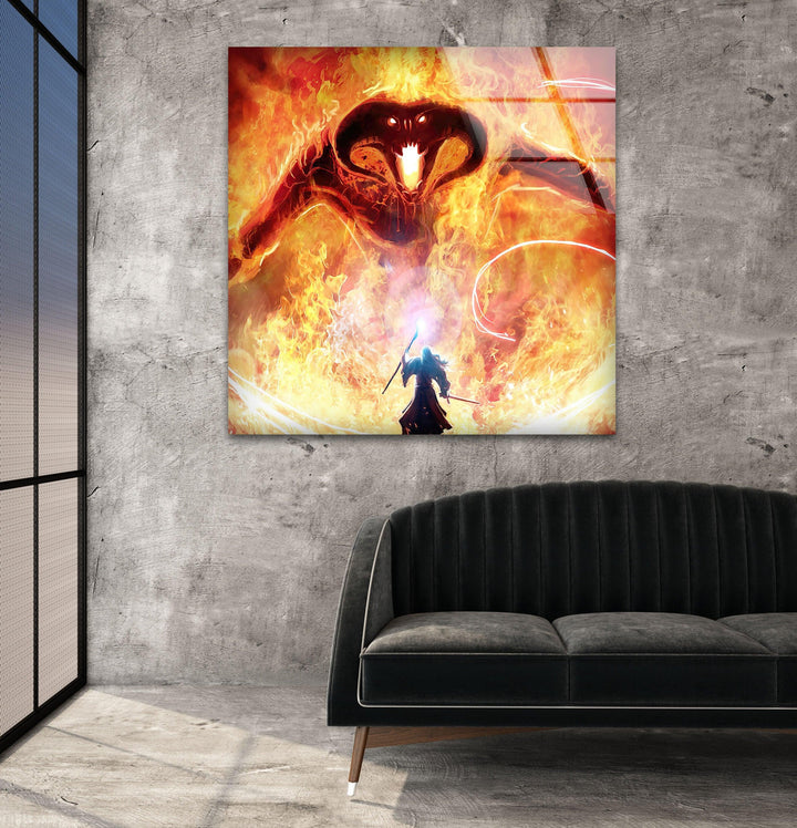 Gandalf Versus The Balrog in Moria Glass Print Wall Art