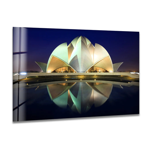 Set against a deep navy sky, the lotus temple glass wall artwork offers a captivating nighttime view of Delhi's iconic landmark.