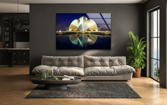 Highlighting the organic forms of the Lotus Temple in this glass art painting, its architectural petals are reflected in the tranquil water below.