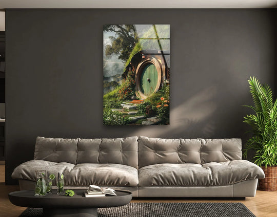Shadow engulfs the left wall, highlighting a Round Door Hillside Cottage tempered glass wall art piece displaying a tranquil, grassy dwelling.