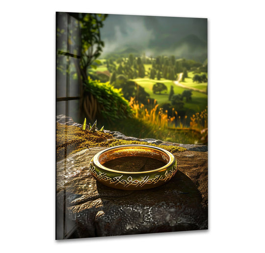 Showcasing depth and layers, this mystic golden ring landscape glass art reveals a fantasy scene through the clear, smooth glass art.