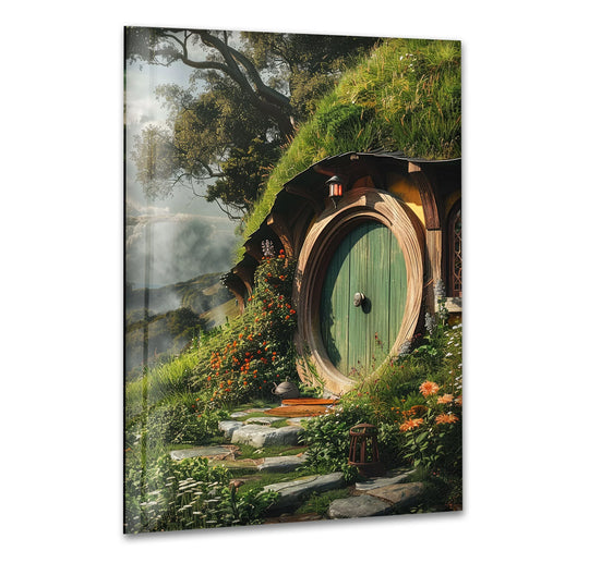 Stone steps with delicate white and orange wildflowers in the foreground draw the eye to the charming Round Door Hillside Cottage hanging wall art.