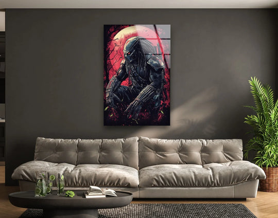 Gleaming, the focal point is this moonlit alien warrior depicted in dramatic hanging wall art, a cinematic glass wall art piece under a striking red moon.