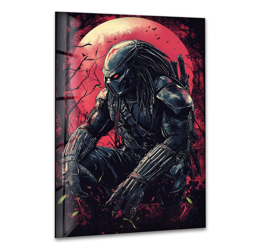 Color transition defines the moonlit alien warrior glass wall art as it shifts from a red lunar backdrop to the decorative wall art's shadowy, masked figure.