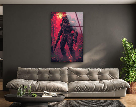 Gleaming red glass art featuring an alien warrior dramatically presents a loud and unique modern wall decor piece in a vibrant jungle scene.