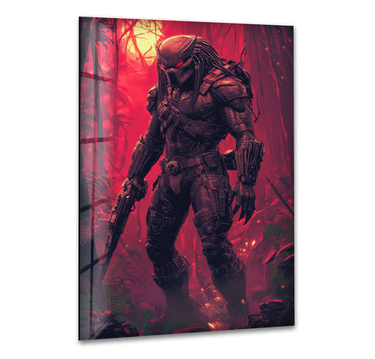 Vertical rectangular red jungle alien warrior glass wall art showcases striking home decor.
