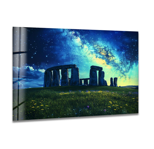 Showcasing the abstract quality, this 'Stonehenge Glass Wall Art' presents an ethereal stargazing monument as dreamy wall art prints.