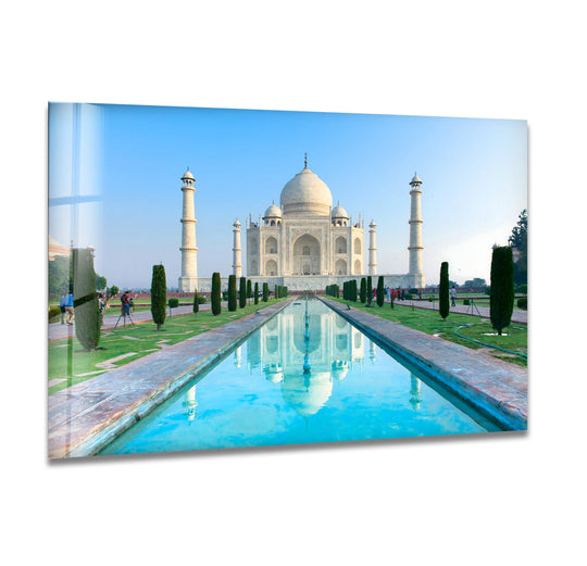 Gradual color transitions define the Taj Mahal majestic reflection in this exquisite art from glass print, showcasing the Indian landmark's architectural elegance.