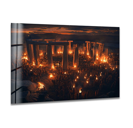 Horizontal rectangle art from glass features a nighttime ritual at Stonehenge, its stones illuminated by torchlight in a captivating landscape scene.