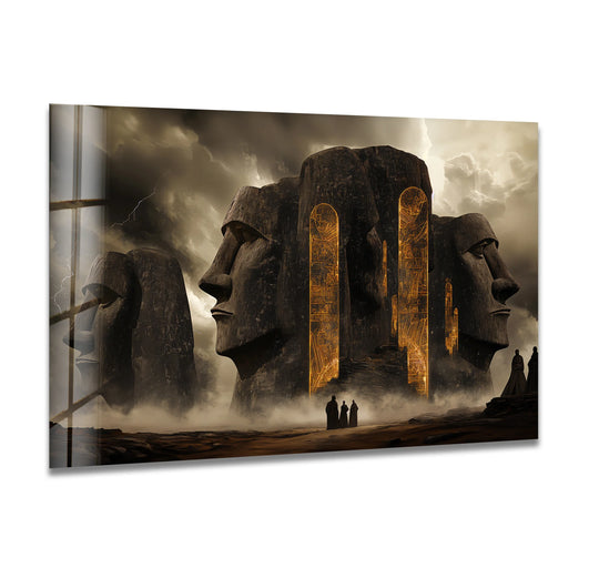 Geometric elements highlight the towering Stonehenge structure and glowing monoliths in this dramatic Stonehenge glass art, presenting a mystical monument through sharp lines and angles in unique glass art.