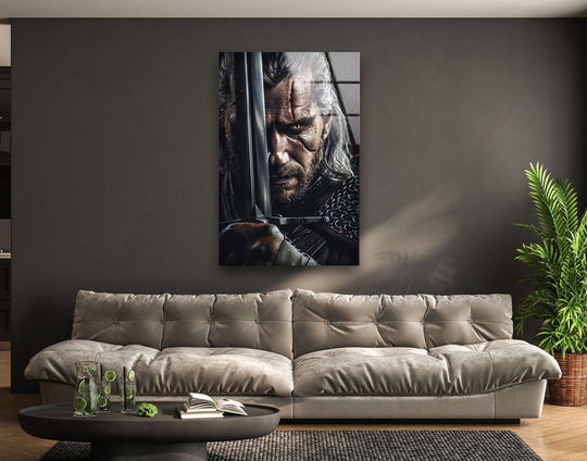 Textured surface of this glass wall art shows the 'Silver Blade' warrior, creating a unique modern wall decor look.