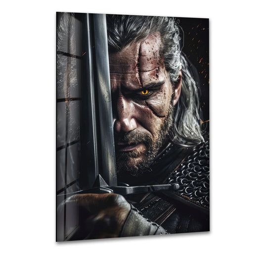 Contrasting the tempered glass wall art prints' gleaming silver sword with the warrior's shadowed face illustrates the transition between colors in this fantasy portrait.