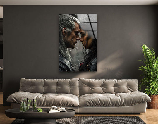 Transitional shades of gray illuminate this fantasy lovers glass wall art, a captivating home decor piece featuring an eternal bond.