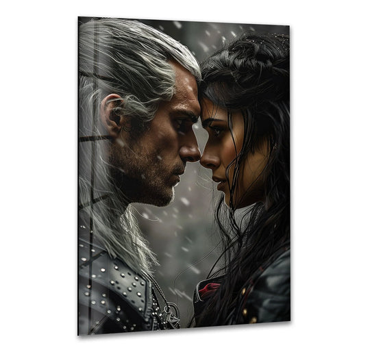 Snow falling in the blurred background enhances the emotional intensity of the two figures in this eternal bond fantasy lovers glass wall art, offering best glass art ambiance.