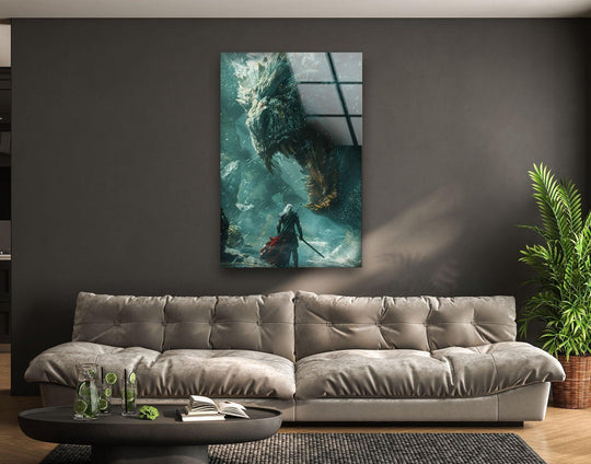Clean lines define the edge of this unique modern wall decor, showcasing an epic warrior versus dragon glass wall art with glossy borders that reflect the light.
