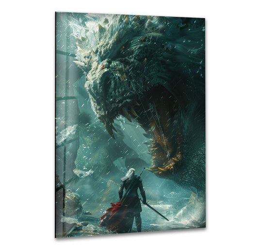 Negative space highlights the imposing size of the dragon above the warrior in this glass wall art decor, creating an epic focal point.
