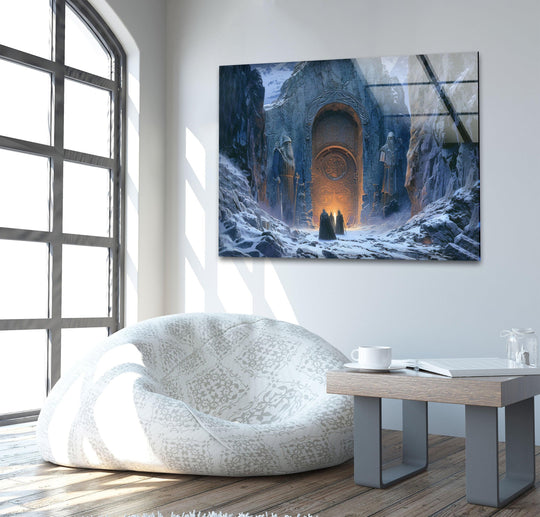 Surface texture on this glass wall art decor reveals a glossy sheen, highlighting the intricate fantasy gate scene from The Wizard of Oz.