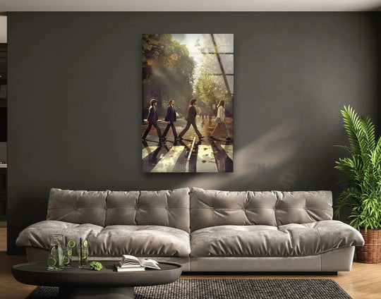 Rhythmic strides capture the sense of movement across the autumn crosswalk in this retro city scene, a superb example of best glass art, conveying a classic vibe.