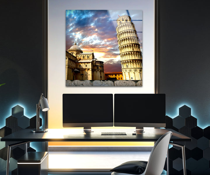 Glaswandkunst „Schiefer Turm von Pisa“ – Atemberaubender Blick auf Italiens Wahrzeichen bei Sonnenuntergang